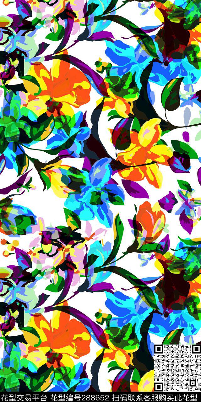 手绘水彩花卉炫彩传统印花华亿平台下载（图片编号: 288652） - 瓦栏（Walan）