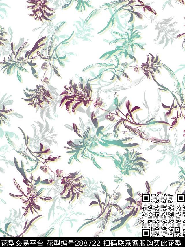 手绘水彩植物素雅数码印花华亿平台下载（图片编号: 288722） - 瓦栏（Walan）