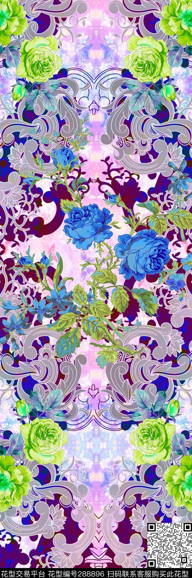 中国风。古典青花瓷花卉数码印花华亿平台下载（图片编号: 288896） - 瓦栏（Walan）