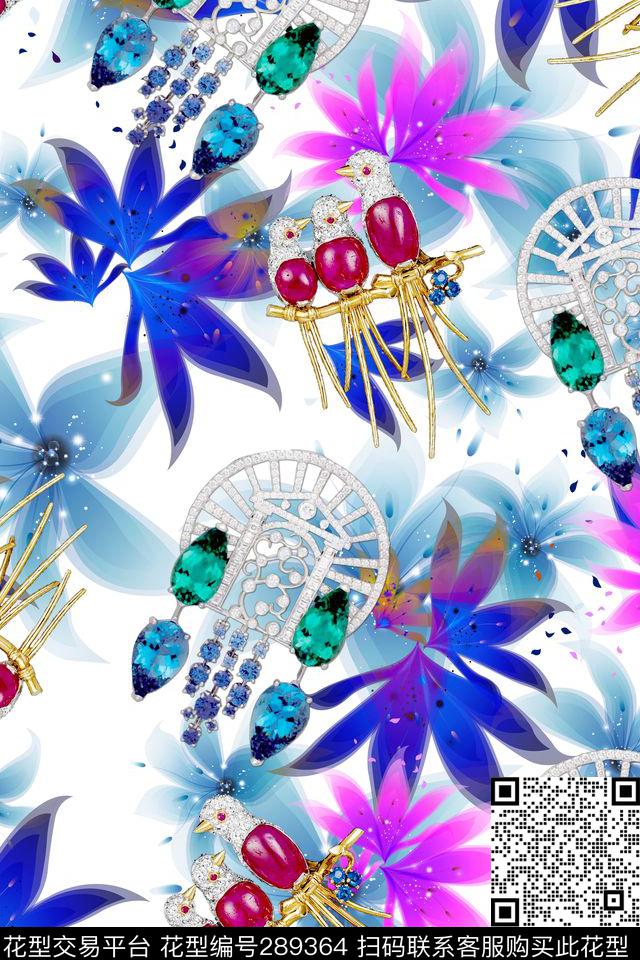 花卉珠宝蜂鸟数码印花华亿平台下载（图片编号: 289364） - 瓦栏（Walan）