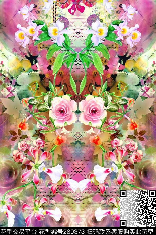 手绘水彩花卉格子数码印花华亿平台下载（图片编号: 289373） - 瓦栏（Walan）