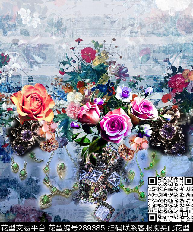 花卉珠宝质感笔触数码印花华亿平台下载（图片编号: 289385） - 瓦栏（Walan）