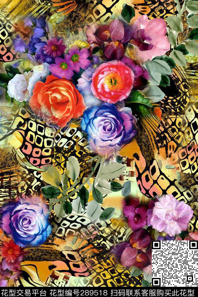 花卉几何线条抽象数码印花华亿平台下载（图片编号: 289518） - 瓦栏（Walan）