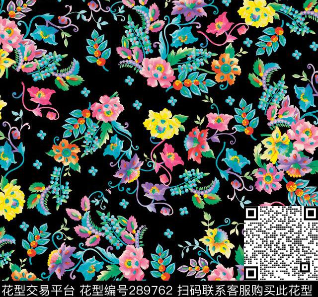 手绘水彩花卉复古数码印花华亿平台下载（图片编号: 289762） - 瓦栏（Walan）
