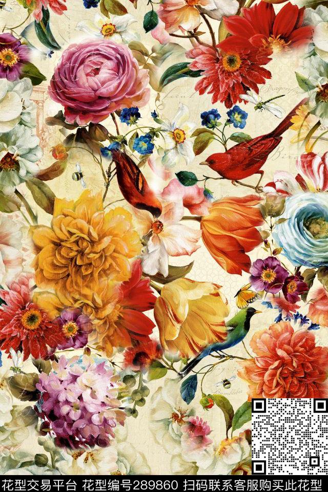 手绘水彩花卉花鸟数码印花华亿平台下载（图片编号: 289860） - 瓦栏（Walan）