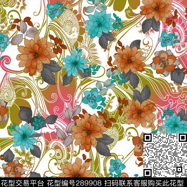 手绘水彩花卉古典花纹数码印花华亿平台下载（图片编号: 289908） - 瓦栏（Walan）