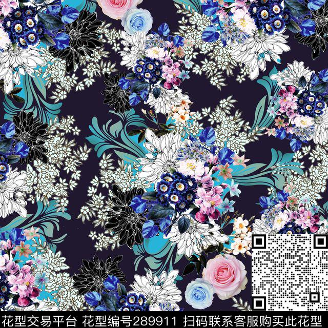 手绘水彩花卉复古数码印花华亿平台下载（图片编号: 289911） - 瓦栏（Walan）