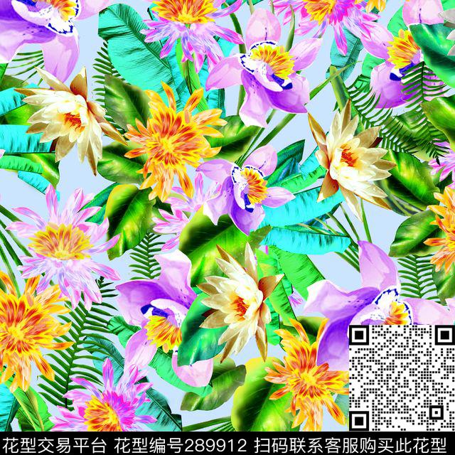 手绘水彩花卉热带植物数码印花华亿平台下载（图片编号: 289912） - 瓦栏（Walan）