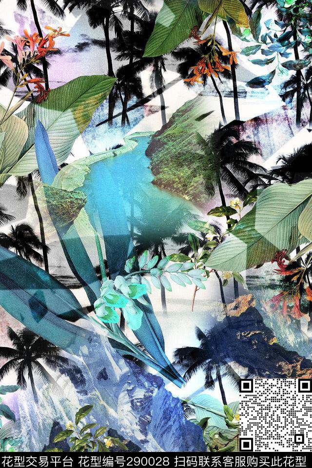 风景热带椰子树数码印花华亿平台下载（图片编号: 290028） - 瓦栏（Walan）