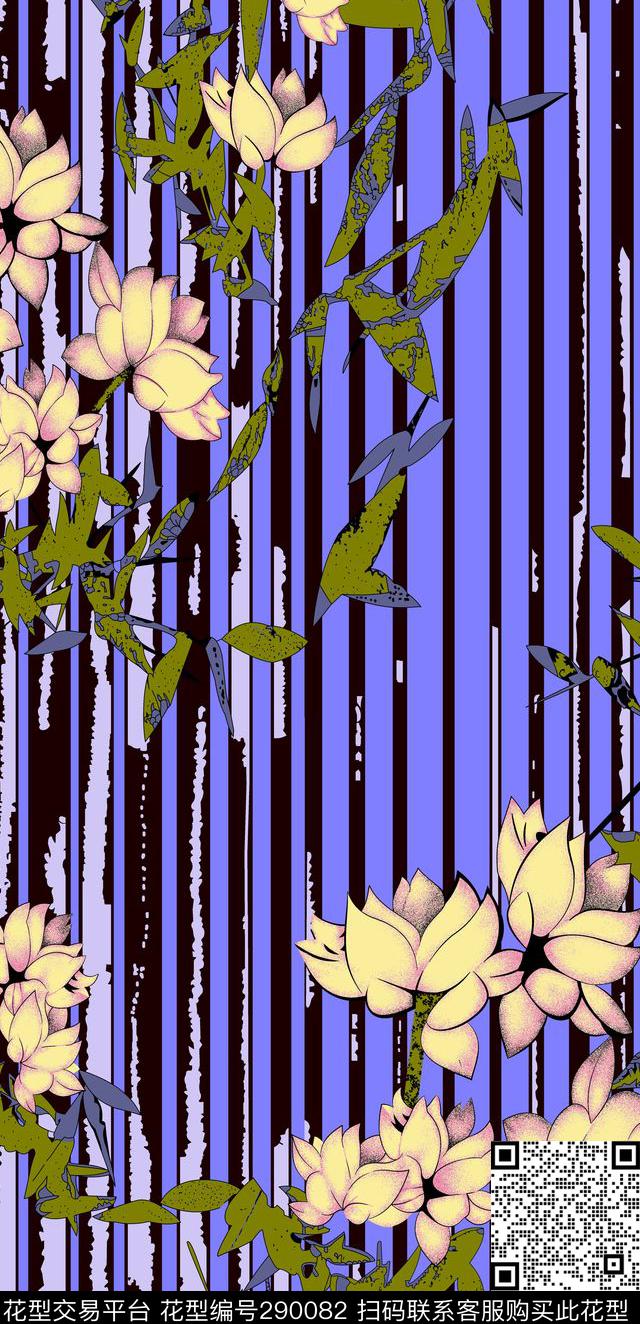 手绘水彩花卉竖条纹传统印花华亿平台下载（图片编号: 290082） - 瓦栏（Walan）