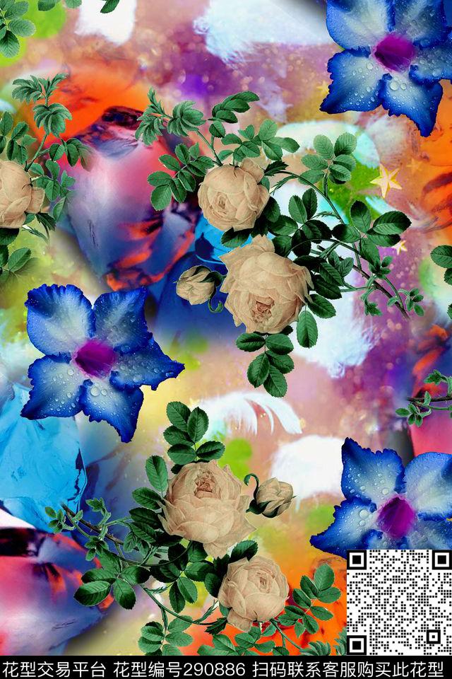 手绘水彩花卉炫彩数码印花华亿平台下载（图片编号: 290886） - 瓦栏（Walan）
