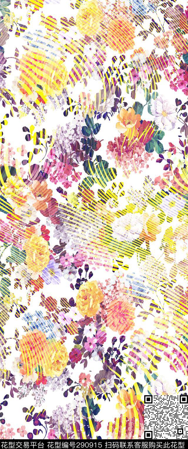 手绘水彩花卉波纹数码印花华亿平台下载（图片编号: 290915） - 瓦栏（Walan）