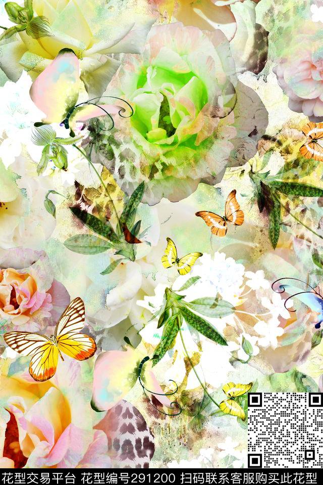 花卉蝴蝶清新数码印花华亿平台下载（图片编号: 291200） - 瓦栏（Walan）