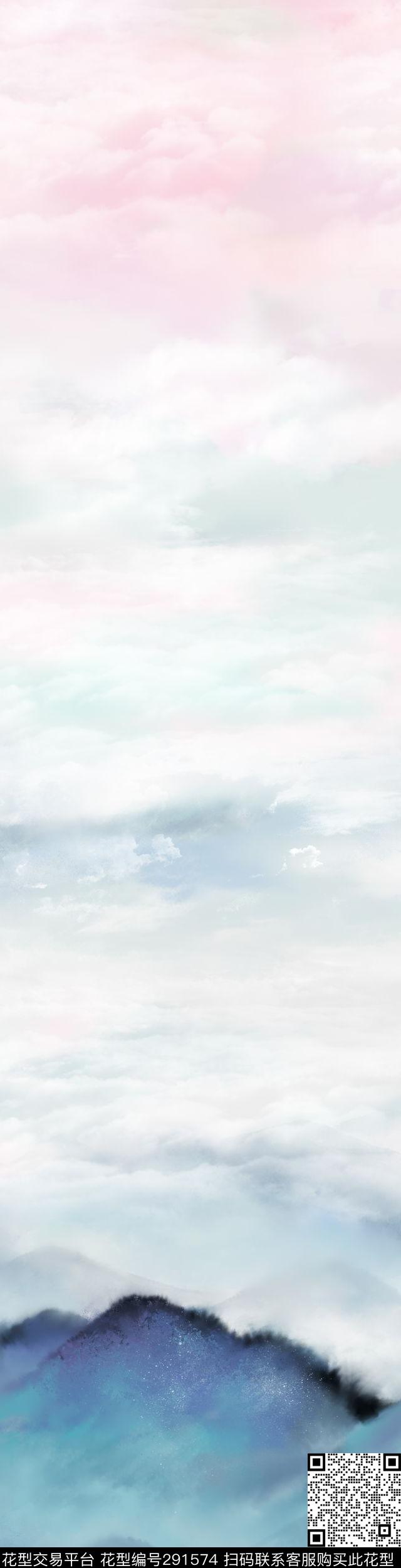 水彩意境山脉数码印花华亿平台下载（图片编号: 291574） - 瓦栏（Walan）