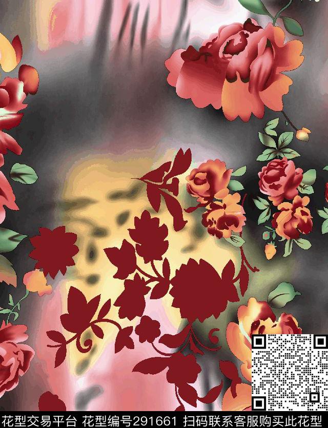 花卉剪影晕染传统印花华亿平台下载（图片编号: 291661） - 瓦栏（Walan）