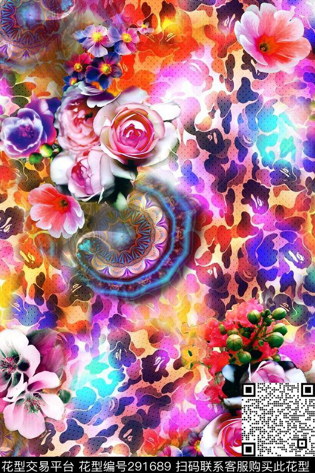 豹纹花卉炫彩数码印花华亿平台下载（图片编号: 291689） - 瓦栏（Walan）