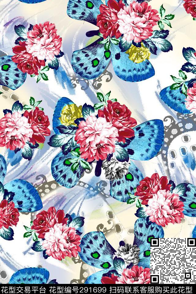 手绘水彩花卉蝴蝶数码印花华亿平台下载（图片编号: 291699） - 瓦栏（Walan）