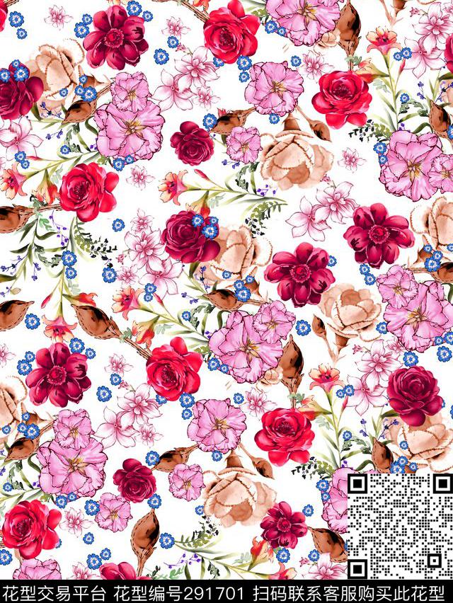 手绘水彩花卉碎花数码印花华亿平台下载（图片编号: 291701） - 瓦栏（Walan）