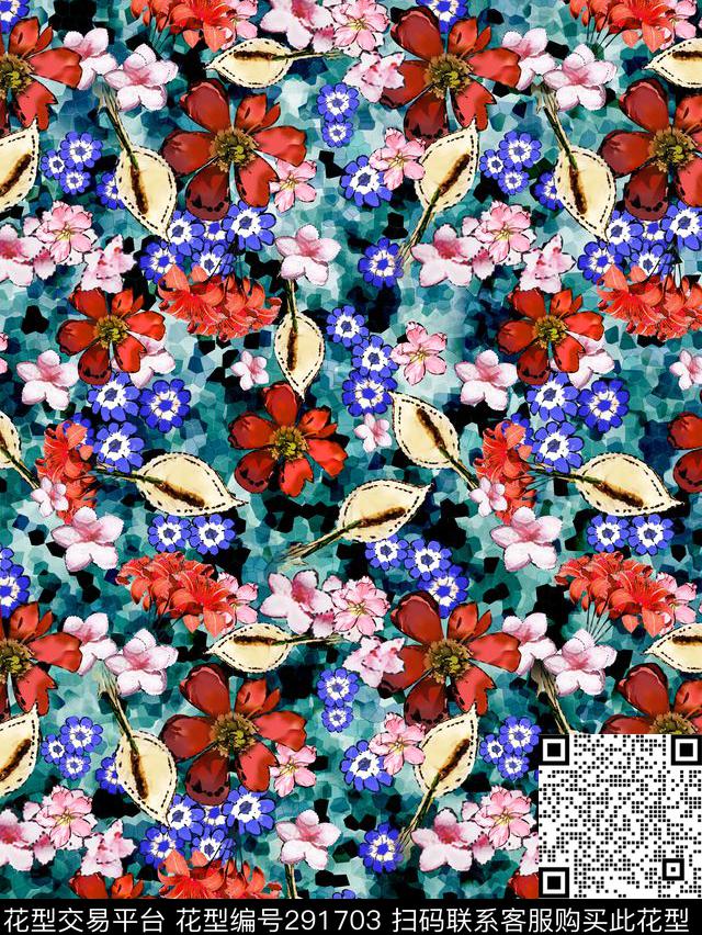 手绘水彩花卉叶子数码印花华亿平台下载（图片编号: 291703） - 瓦栏（Walan）
