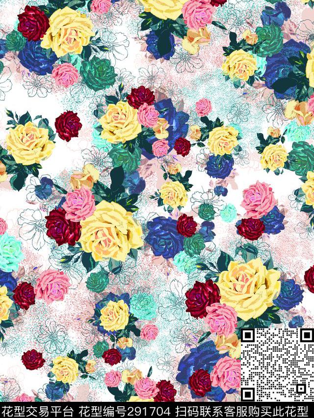 手绘水彩花卉多彩数码印花华亿平台下载（图片编号: 291704） - 瓦栏（Walan）