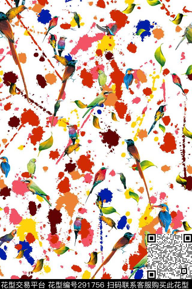泼墨肌理鸟多彩数码印花华亿平台下载（图片编号: 291756） - 瓦栏（Walan）
