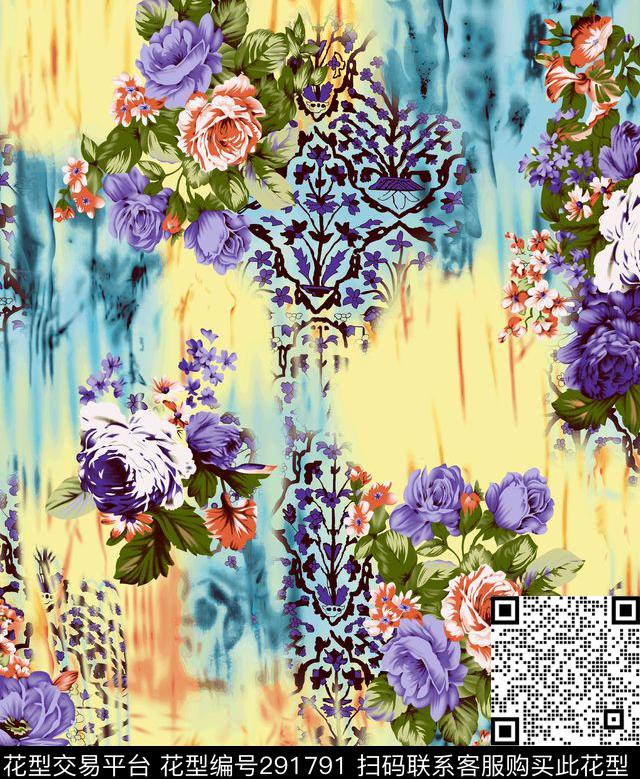 手绘水彩花卉水彩肌理多彩传统印花华亿平台下载（图片编号: 291791） - 瓦栏（Walan）