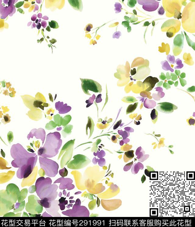 田园花卉手绘水彩传统印花华亿平台下载（图片编号: 291991） - 瓦栏（Walan）