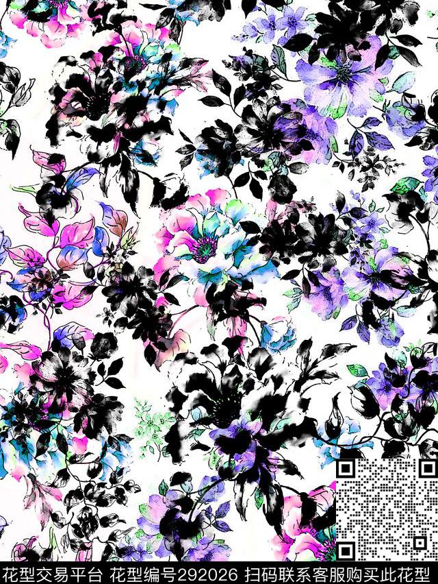 手绘水彩花卉清新数码印花华亿平台下载（图片编号: 292026） - 瓦栏（Walan）