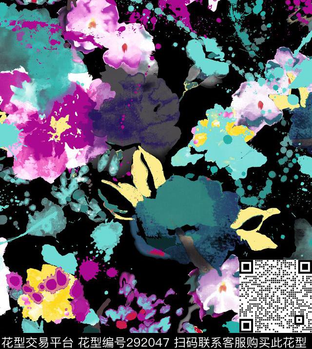 手绘水彩花卉泼墨肌理炫彩数码印花华亿平台下载（图片编号: 292047） - 瓦栏（Walan）