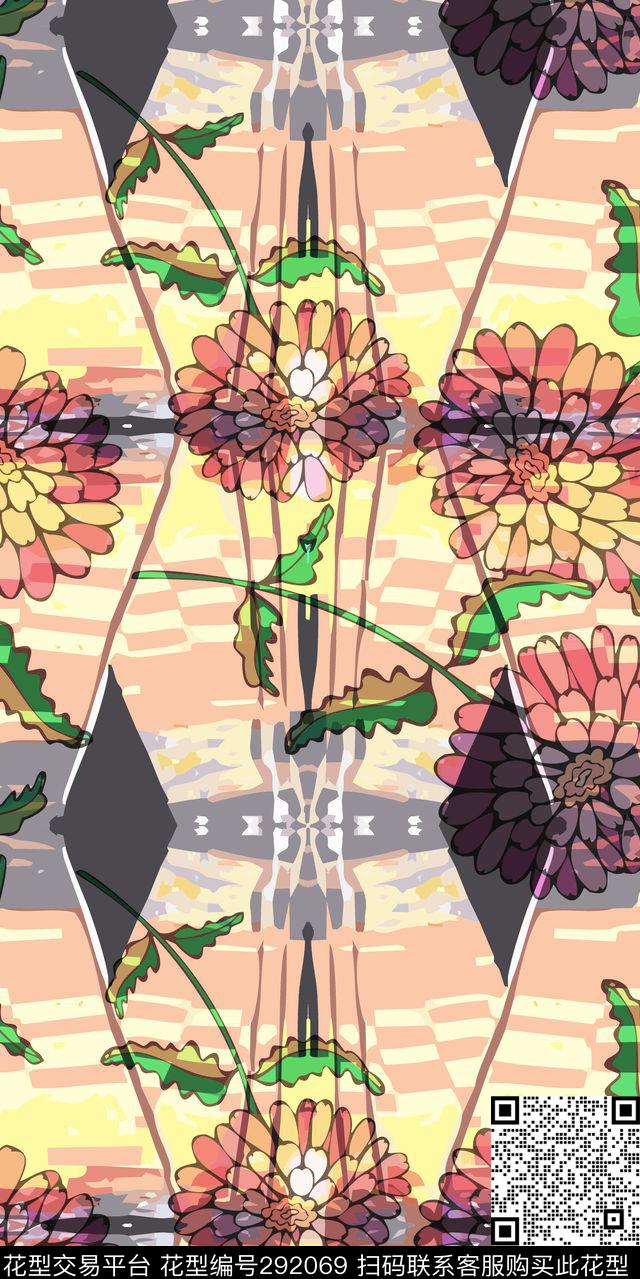 手绘水彩花卉对称传统印花华亿平台下载（图片编号: 292069） - 瓦栏（Walan）