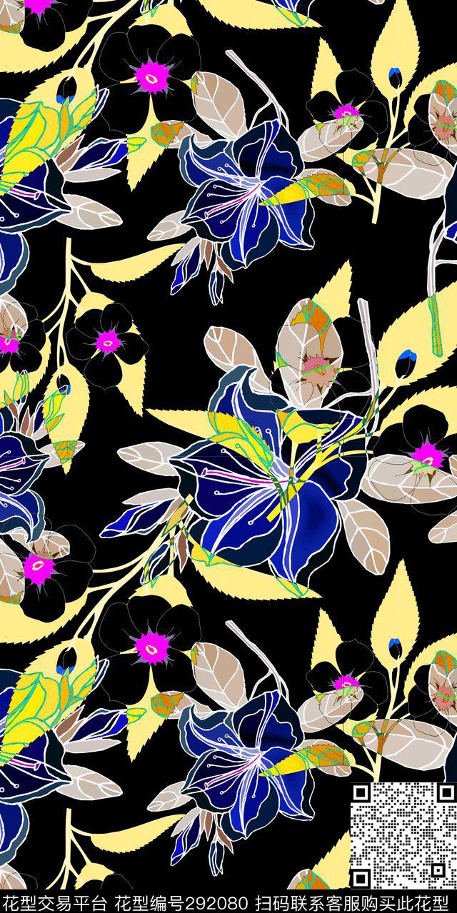 手绘花卉叶子抽象传统印花华亿平台下载（图片编号: 292080） - 瓦栏（Walan）