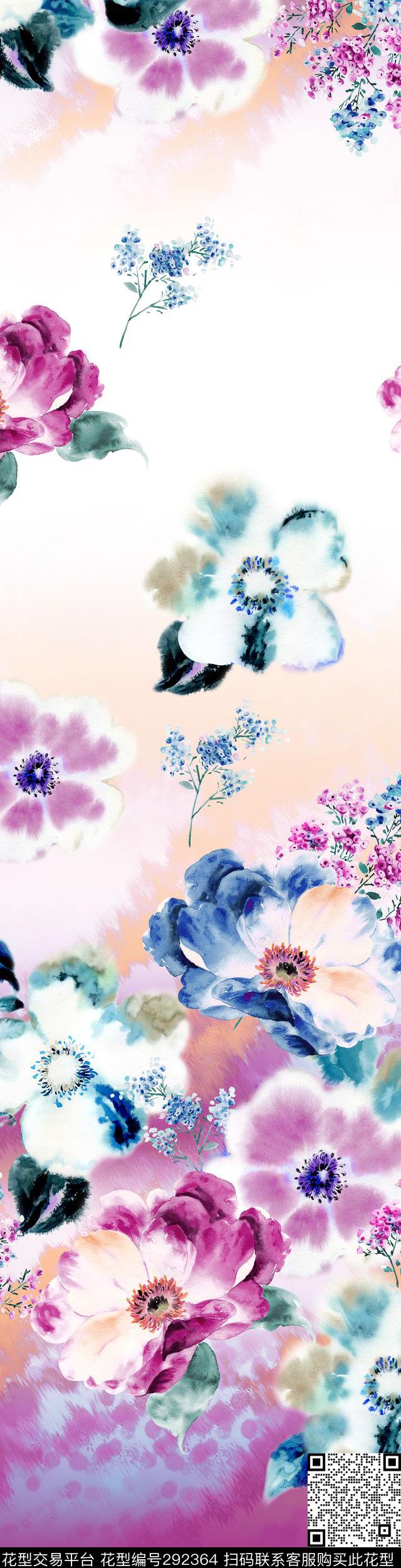 手绘水彩花卉渐变数码印花华亿平台下载（图片编号: 292364） - 瓦栏（Walan）