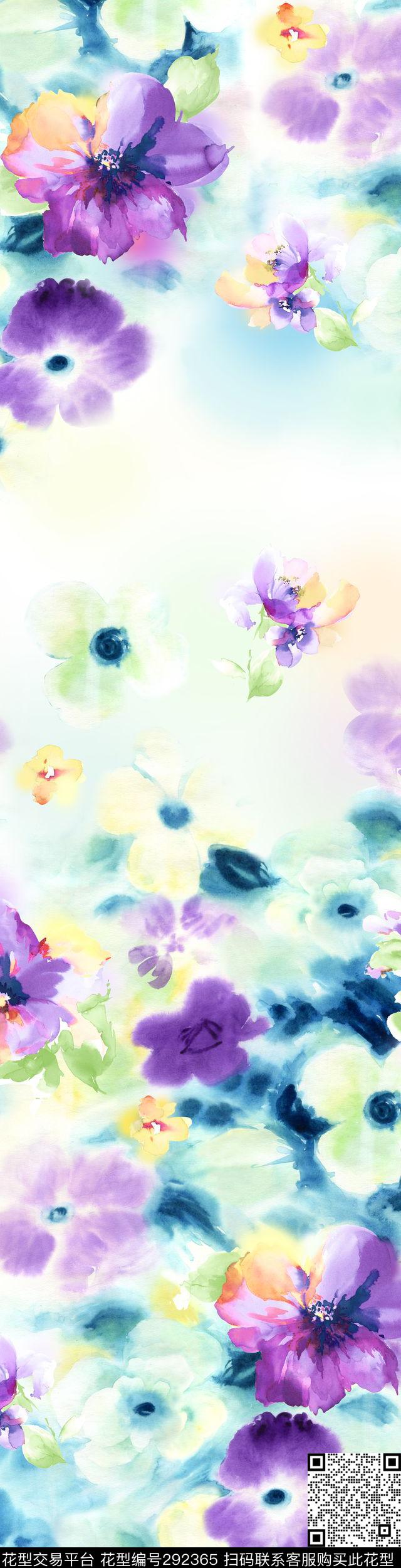手绘水彩花卉渐变传统印花华亿平台下载（图片编号: 292365） - 瓦栏（Walan）