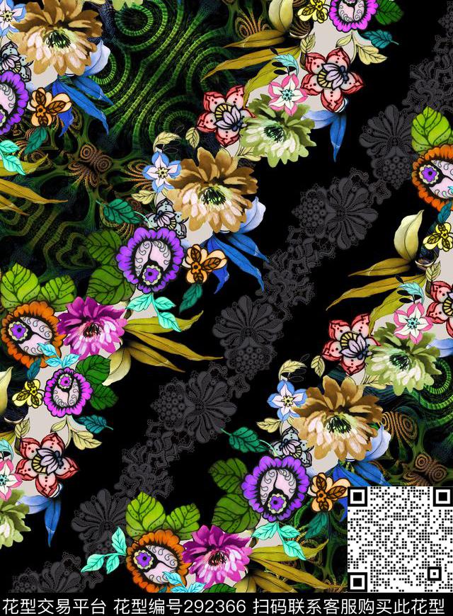 蕾丝花卉炫彩数码印花华亿平台下载（图片编号: 292366） - 瓦栏（Walan）