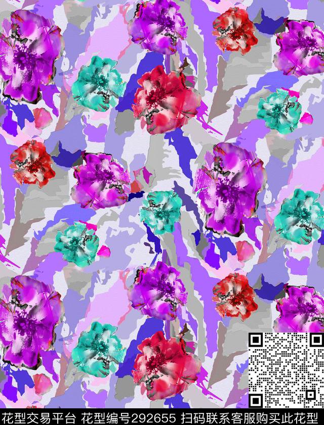 手绘水彩花卉抽象数码印花华亿平台下载（图片编号: 292655） - 瓦栏（Walan）