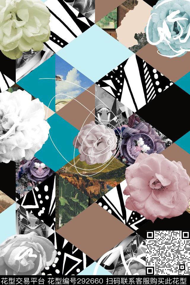 几何菱格花卉抽象数码印花华亿平台下载（图片编号: 292660） - 瓦栏（Walan）