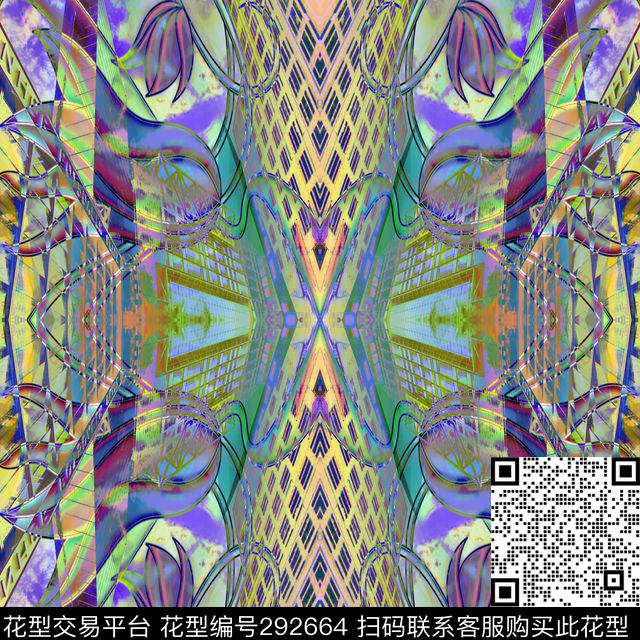 抽象花卉几何线条数码印花华亿平台下载（图片编号: 292664） - 瓦栏（Walan）