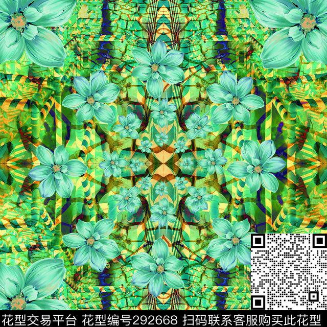 油画花卉对称光感数码印花华亿平台下载（图片编号: 292668） - 瓦栏（Walan）