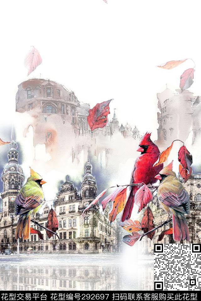 手绘水彩建筑鸟数码印花华亿平台下载（图片编号: 292697） - 瓦栏（Walan）