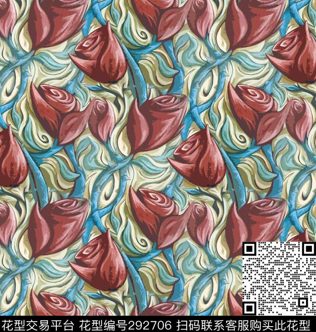 手绘水彩花卉多彩数码印花华亿平台下载（图片编号: 292706） - 瓦栏（Walan）