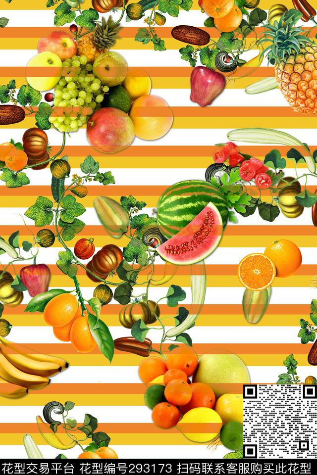 油画水果横条纹数码印花华亿平台下载（图片编号: 293173） - 瓦栏（Walan）