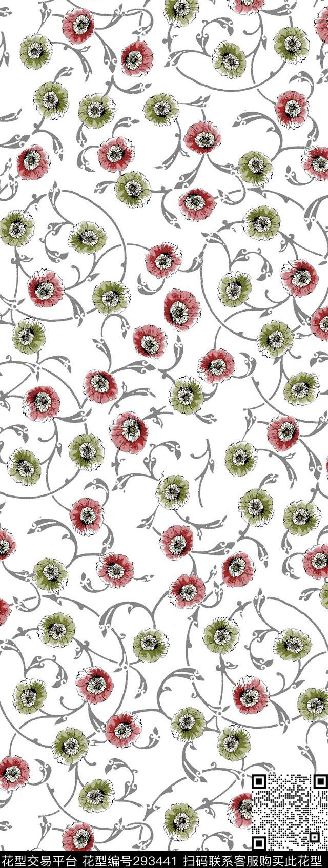 手绘水彩花卉碎花传统印花华亿平台下载（图片编号: 293441） - 瓦栏（Walan）