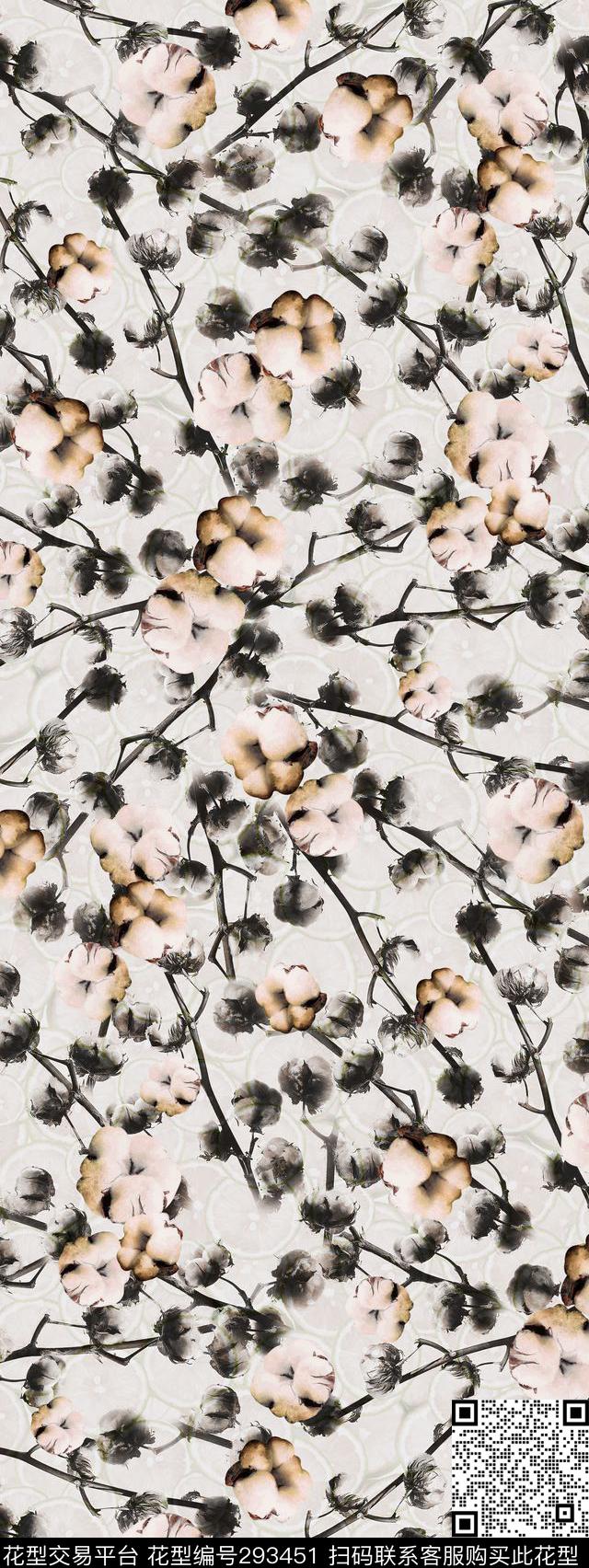 手绘水彩花卉素雅数码印花华亿平台下载（图片编号: 293451） - 瓦栏（Walan）