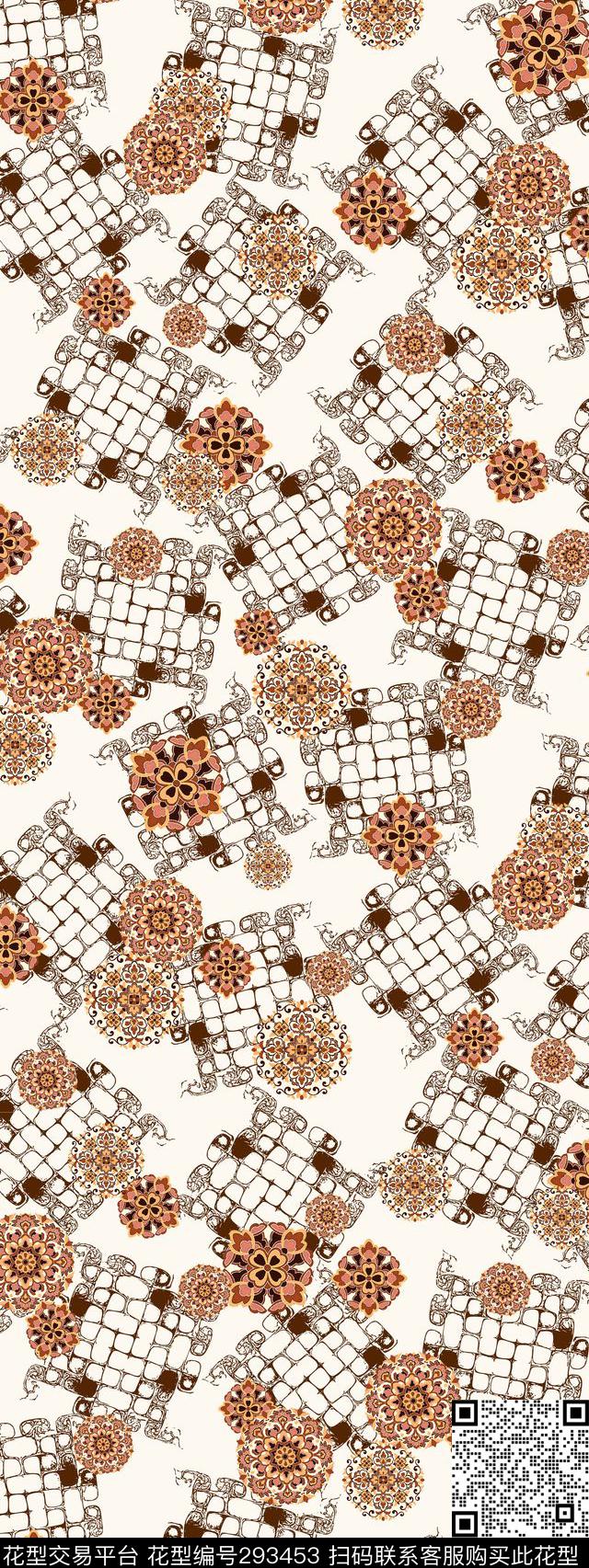 几何方格花卉简约传统印花华亿平台下载（图片编号: 293453） - 瓦栏（Walan）