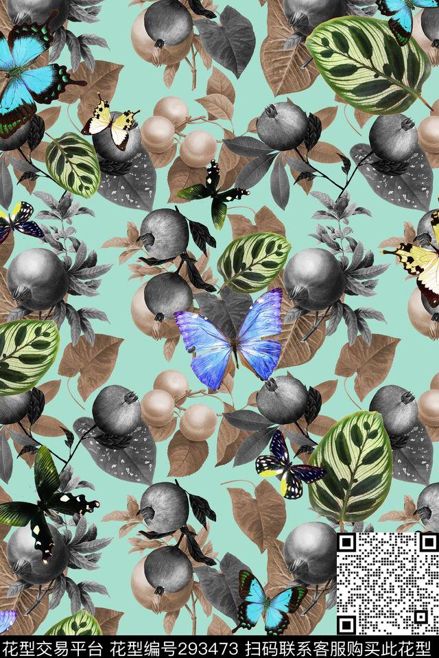 果实蝴蝶清晰数码印花华亿平台下载（图片编号: 293473） - 瓦栏（Walan）
