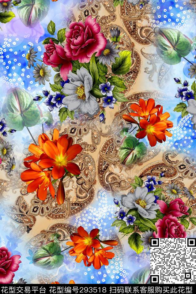 油画花卉佩斯利涡旋纹炫彩数码印花华亿平台下载（图片编号: 293518） - 瓦栏（Walan）