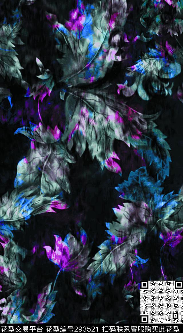 手绘水彩叶子炫彩数码印花华亿平台下载（图片编号: 293521） - 瓦栏（Walan）