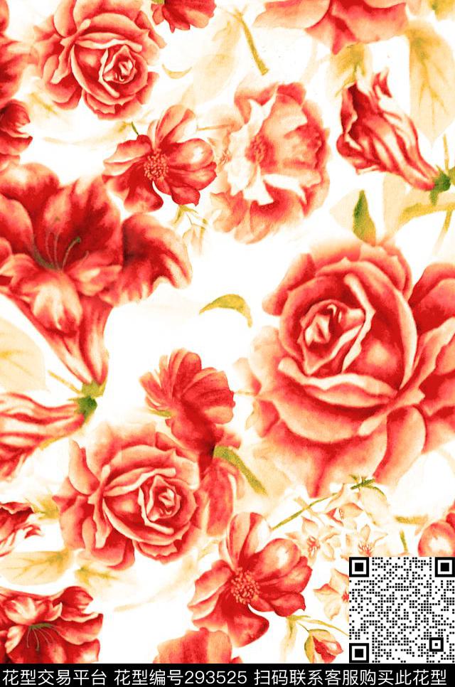 油画花卉大花玫瑰数码印花华亿平台下载（图片编号: 293525） - 瓦栏（Walan）