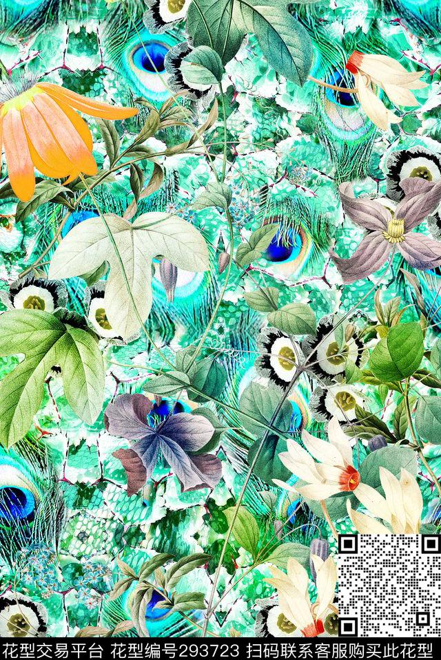 花卉孔雀羽毛多彩数码印花华亿平台下载（图片编号: 293723） - 瓦栏（Walan）