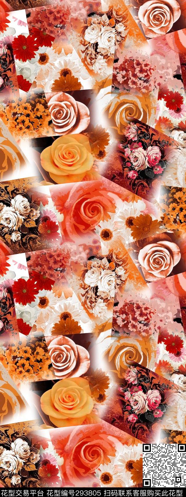 油画花卉拼贴复古数码印花华亿平台下载（图片编号: 293805） - 瓦栏（Walan）